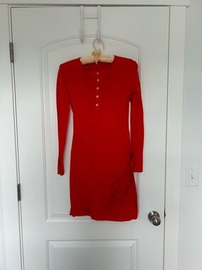 Orange Long-Sleeve Button-Front Women's Dress with Hand Drawn Jellyfish